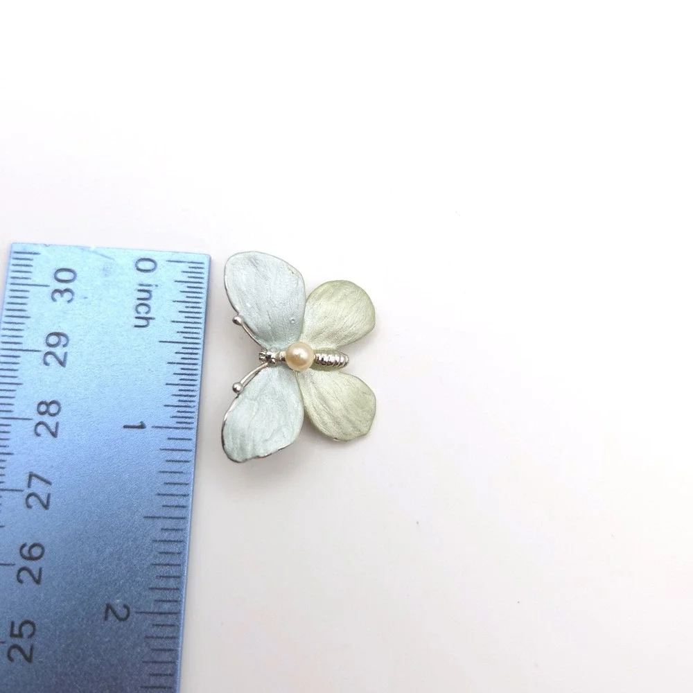 Silver Tone Pastel‎ Blue Green Enamel Butterfly Pin Faux Pearl Accent Brooch